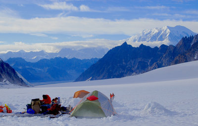 Camp on the Pika with a sunny Foraker in the distance. Infinite Spur and French Ridge are clear and beautiful