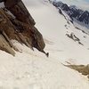 Climbing a coulior of steep snow on the First Ascent of: The Ship's Prow, near Skagway, Ak