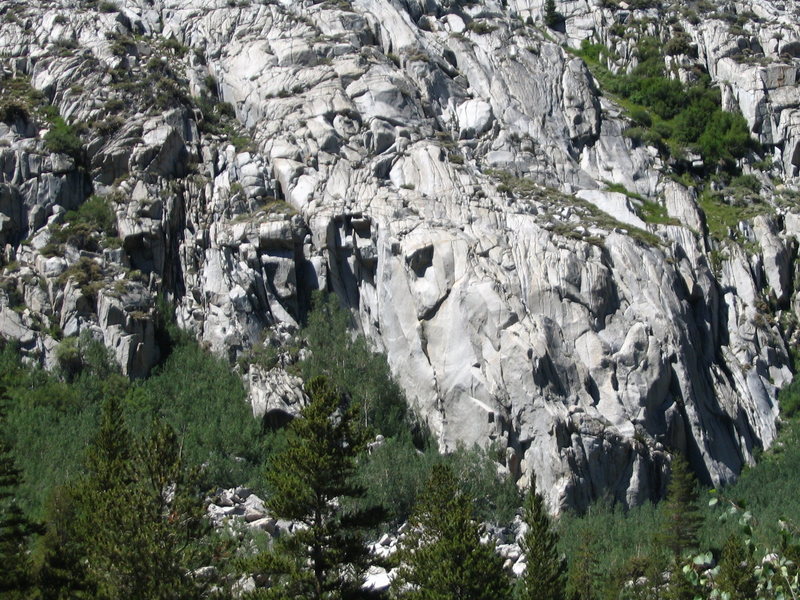 Overview of the Wild Rose Buttress as seen from South Lake Road. Rose Gardening (aka Blackwater) goes up the sun and shade arete on the right side of the cliff to the right of a large chimney/corner. 