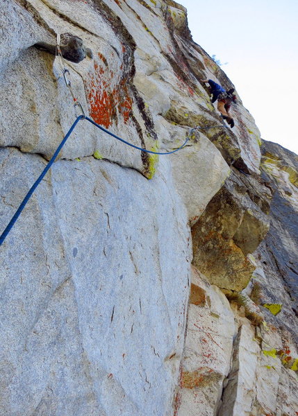 caughtinside nears the P1 belay on Eagle Buttress Right after pulling some wild steep moves off the horn. <br>
<br>
Photo: Corey Gargano