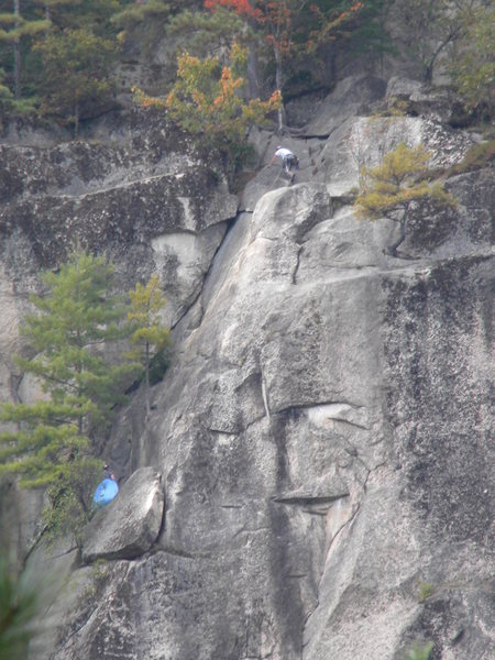 The top pitch of UR, I'm exiting the climb, my wife is belaying on the tree ledge. 