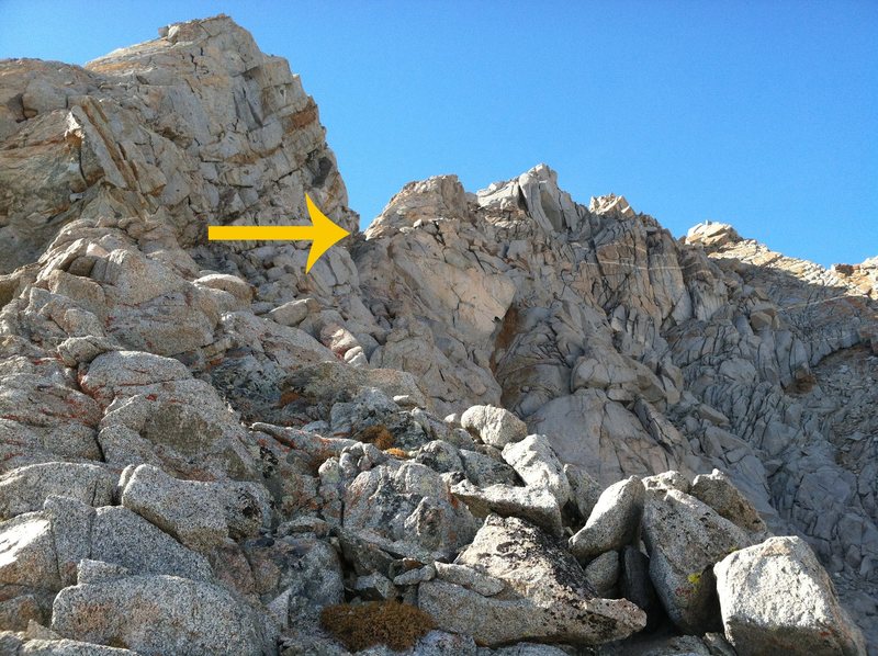 Looking up at the notch where we gained the ridge.  A little exposed climbing but rock was mostly solid and easy.