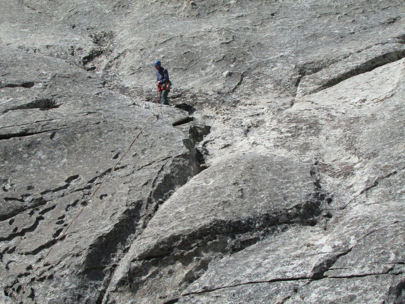 At the usual belay stance at end of a short first pitch (60 feet).