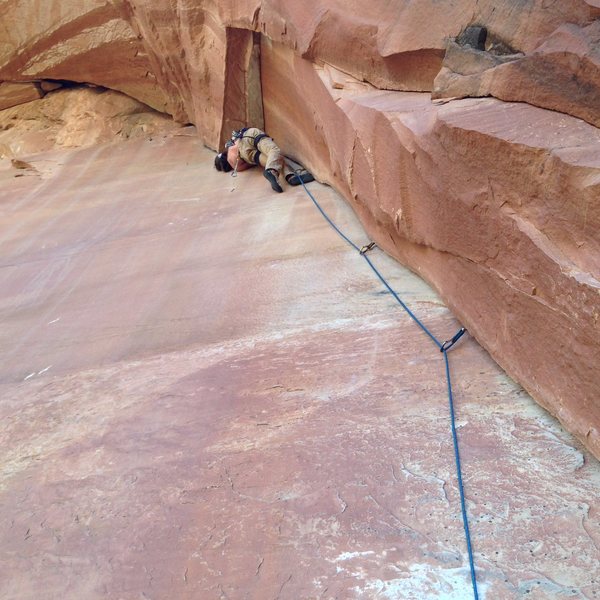 Brennan Crellin leading Chest Full of Kind.  Notice that the "flake" that others have mentioned is no longer part of the climb (resulting crack in that section takes C4 golds)