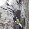 Comfortable stemming up to the ceiling/chockstone crux.