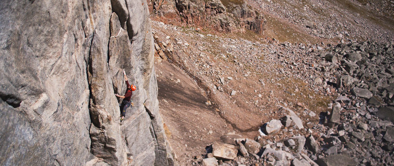 Final crux moves on pitch 2. This is a video still shot by Kyle Berkompas for the film Exposure Volume 1 produced by Chuck Fryberger Films.