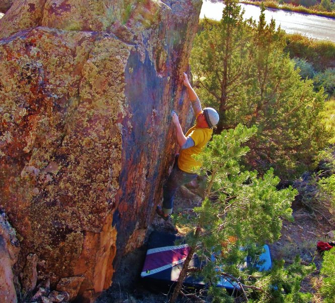 Brad sticking the right hand crimp on Googol One.