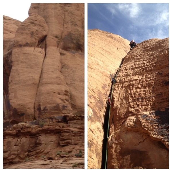 The pitch from the trail and looking up at the route. 