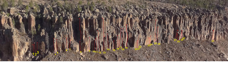 Overview photo of upper wall with routes marked.