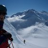 Traversing below the big bergshrund, trying to find a place to cross to gain the North Face.