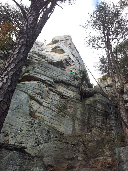 Lloyd would have liked it.  Little brother on TR.  Very fun line.  Crux is at the top , say last 15'.  Id give the rest about a 5.7ish.  