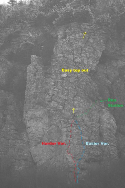 It looks to me like the harder var is the one described in the select guide, although I know a lot of folks that follow the easier variation out right (certainly a ton of chalk that way). Right has lots of pro, left is a bit more sparse when it cuts more left. <br>
<br>
Path shown to rap station and an approximation of the mini-pitch to follow to it. <br>
<br>
If you continue up, follow whatever suits. Probably 4th class with a couple low 5th moves.<br>
<br>
I'm curious as to which path others typically follow - comment if so inclined.