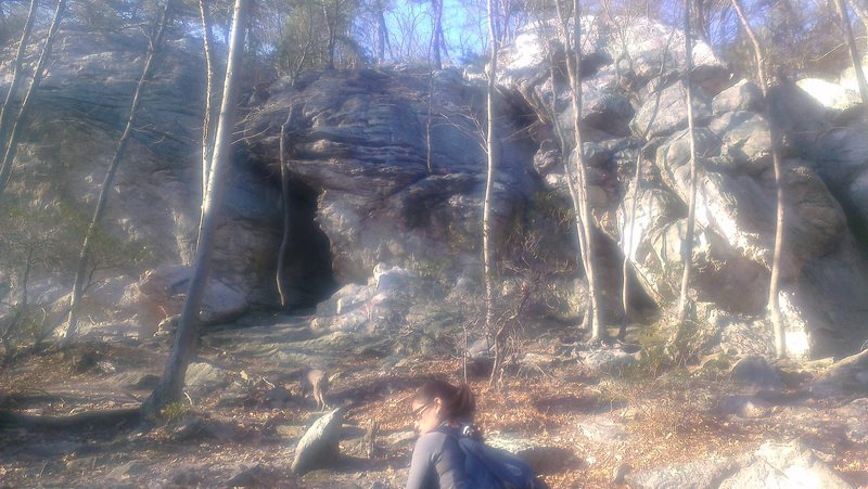 This photo is taken from near the picnic area.  The "cave" begins the left side of Pit Fiend Rock.  Balrog starts inside the "cave." 