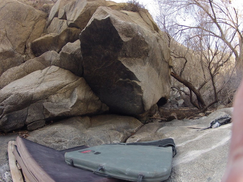 Start low with left hand on the crimp under the face and the right on a polished edge just around the arete. Pull on and bust a big dyno move to .he lip with the left and pull up to a right hand edge and so the top! great ! V7