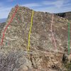 The Slabalicious Boulder route guide:<br>
<br>
Red - The Slabarete, V1.<br>
Yellow - Slabalicious, V2.<br>
Pink - The Patience of Friction, V4-.<br>
Green - When Lichen Meets Chocolate.<br>
Blue - Such Obvious, V0+/1-.