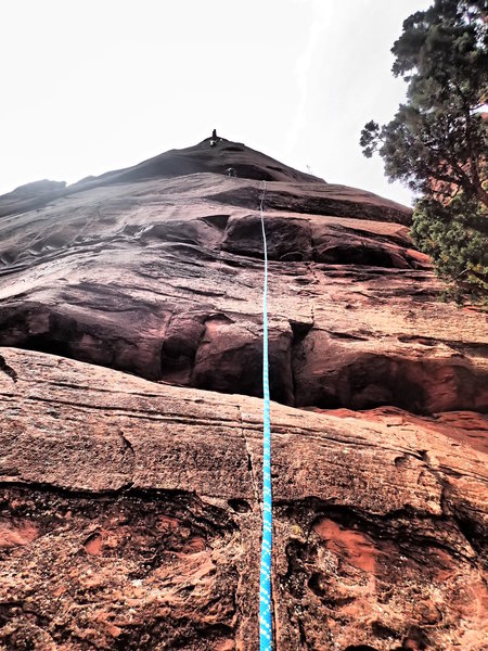 Looking up from the base of Touchstone Wall. Me on top of pitch 2, Josh on top of   pitch 1.