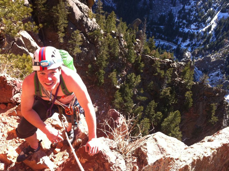 Gotta love that Colorado sun. Snow on the ground, but Eddie's going shirtless. Note the headlamp for extra preparedness. 