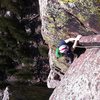 Eddie just finishing the crux moves of P3. Long John Wall, Eldorado Canyon SP, CO.