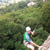 Retrieving my quickdraws after setting the route for top rope on Cliffs of Insanity at HCR on 9/1/2013.