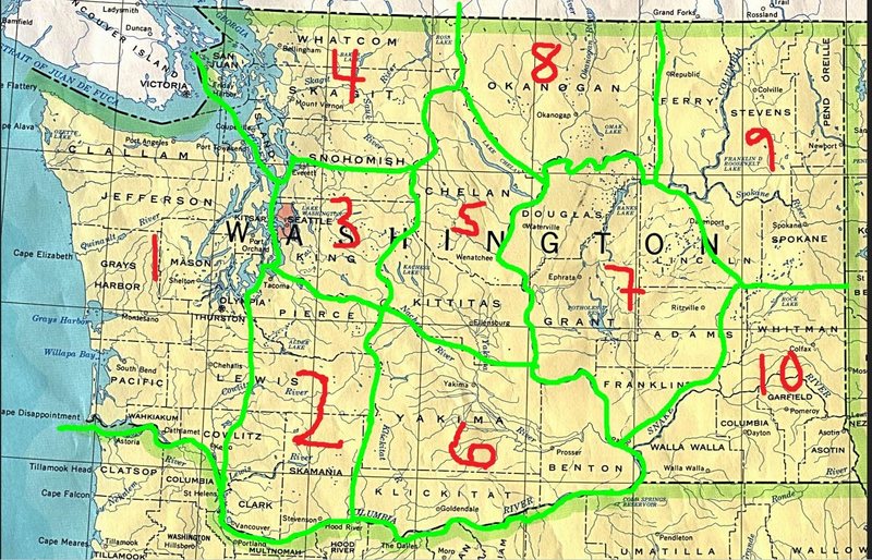 1- Coastal / Olympics<br>
2- Southwestern Cascades / Rainier<br>
3- Central Western Cascades / Index + North Bend<br>
4- Northwestern / N.Cascades + Darrington + Mt. Erie<br>
5- Central Eastern Cascades / Leavenworth + Wenatchee Area<br>
6- Southeastern Cascades / Tieton<br>
7- Central WA / Frenchman's Coulee + Banks Lake + Potholes<br>
8- Okanogan / <br>
9- Northeastern WA / Spokane Area + Marcus + China Bend<br>
10- Southeastern WA / Blue Mountains + Snake River