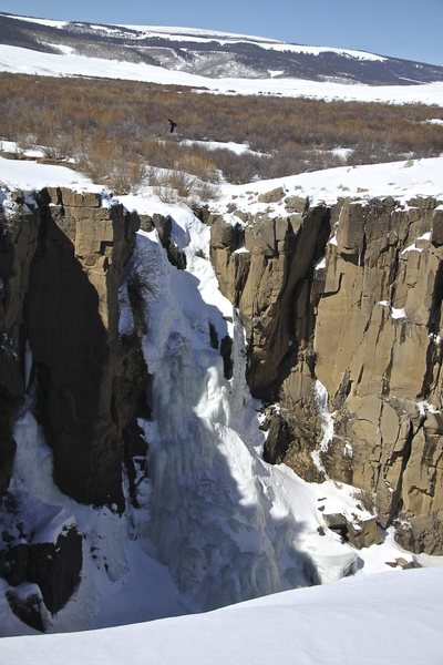 North Clear Creek Falls as seen from the parking area - you have to hike there in the winter, or ski in, pretty short approach.