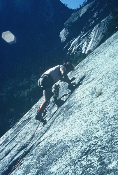 Anne, leading "Marginal," The Grack, Yosemite, 1981.