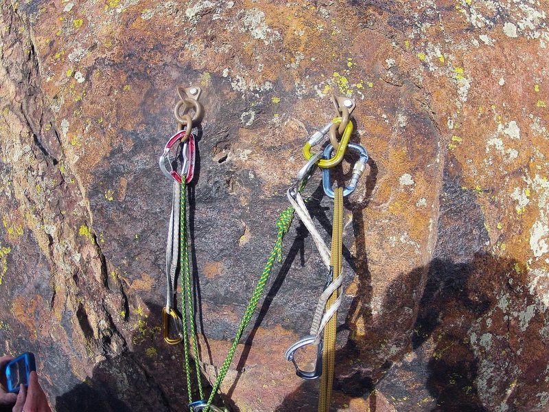 New bolts above P2 of Ruper/Rover. Replaced old Metolius fat hangers and 3" x 3/8" carbon steel with new SS 4.75" x 1/2" and SS double ring hangers.