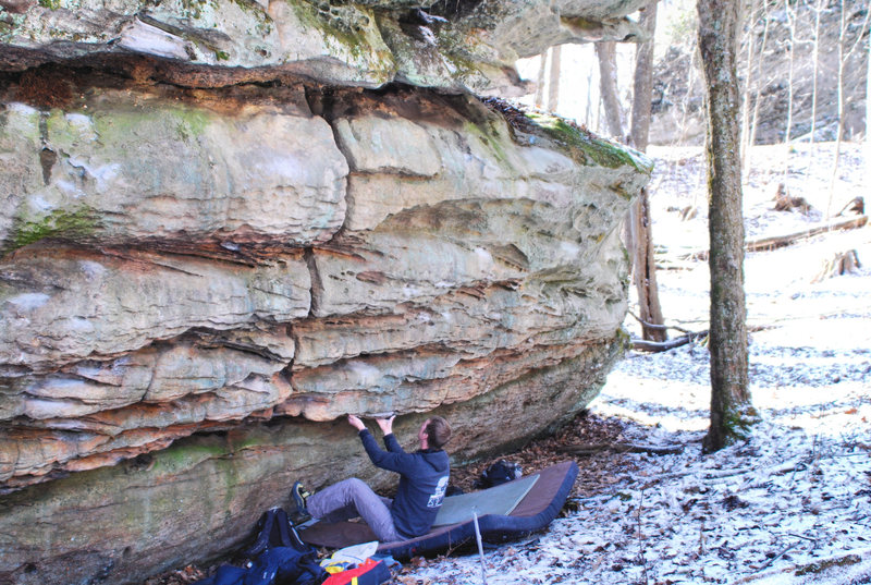 Jason at the start to Pangaea on the Continent Boulder.