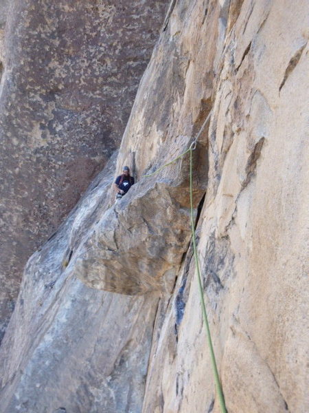 looking back at the P1 belay from atop the huge flake. 