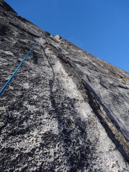 Looking up at the crux section of Pitch 7