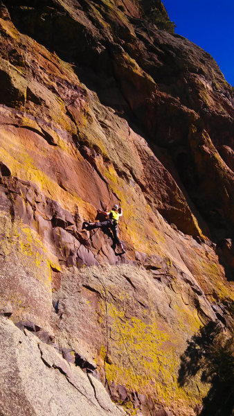 Wild, tenuous moves through the brown band get you the crux entry - marked by a decent crimp.<br>
<br>
Photo: Steve Levin.