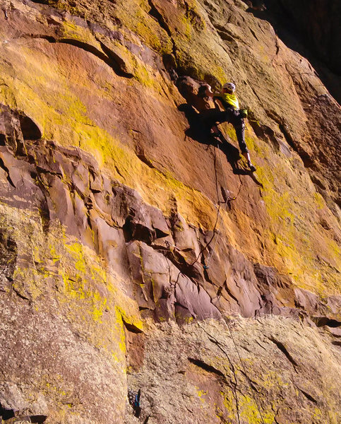 Exiting the crux moves after some very unique climbing.<br>
<br>
Photo: Steve Levin.