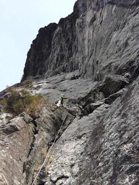 Pitch 1 of Boulder Problem in the Sky, Whiteside Mtn, NC.