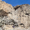 Splitclimber climbing "Lichen It", a 5.8- crack climb at the Far Side