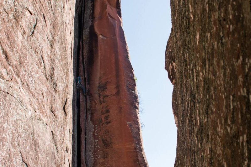 Just past the crux, breathing it out.