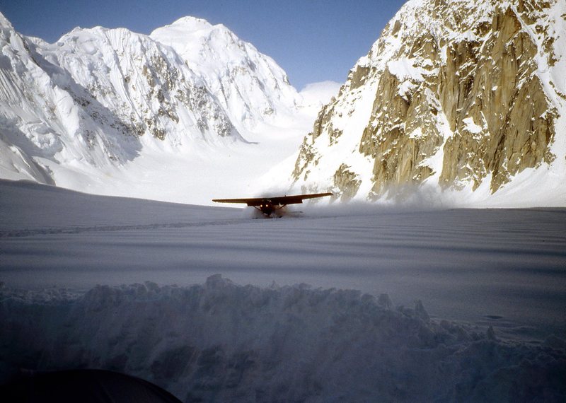 Doug Geeting landing on the Tokositna after days of heavy snow 1992.