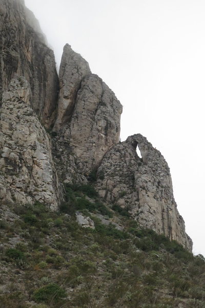 Crescent Moon Buttress (5.10a) climbs the right skyline in this picture, across the two obvious gaps.  A Tyrolean can be used to cross the upper gap on the way down