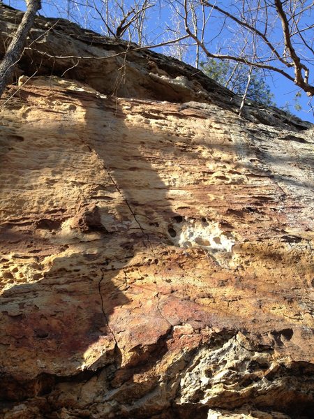 Nice pockets and pinches lead up to the third bolt. The crux is moving past the third bolt (there's a fourth bolt just over the ledge before you get to the shut).