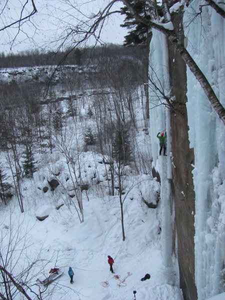 Kris Gorny leading the left column on The Stage Wall. 19Jan14<br>
<br>
Pretty sure this is the first lead.<br>
<br>
The Stage Wall was first farmed during the 2013/2014 season and its 70+ feet are an exciting addition to The Sandstone Ice Park.