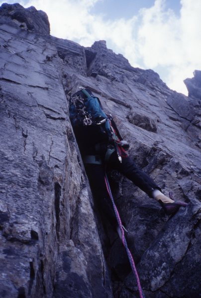 Myself starting the steep off the choss traverse 1994. Photo by Monty Reagan.