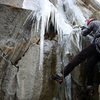 First pitch of Scrappy's Child leading through the chimney in icy conditions.