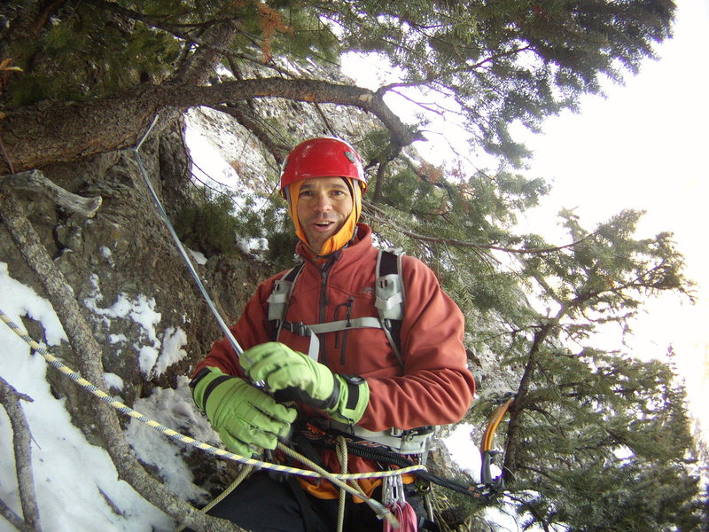 Mike Walley.  At the top of the Ribbon. Ouray, Colorado Sat January 25th 2014.  Photo by Alan Ream