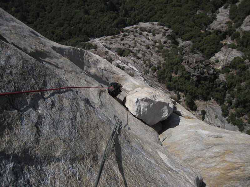 Looking down at the Pillar of Despair at the top of pitch 9 - would be a very poor bivy without a ledge.