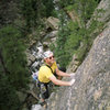 The elegant arete of Strange Cargo, pitch 3. Photo of me by Richard Rossiter.