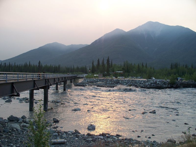 The apocalypse! The Kennicott river at flood stage during the glacial dammed Hidden Lake release and a bunch of smoke from a 70,000 acre wildfire that came to within 8 miles of town. 