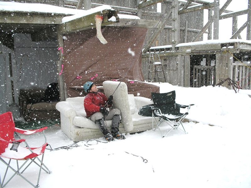 Belay couch, with snow shield cushion in place. Blizzard conditions for a couple hours!