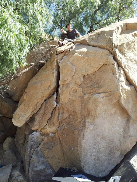 My friend and my first outdoor climbing trip (that's him at the top). The chalk helped us find this climb (Dynamite Crack -- identified thanks to C Miller). :)