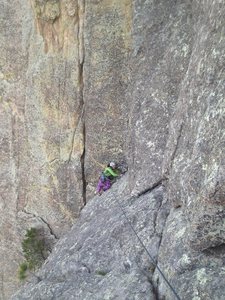 Kasi nearing the top of P1 on Garfield Goes to Washington. Really love this pic, gives you an idea of the positioning you are in climbing this route. Great route!
