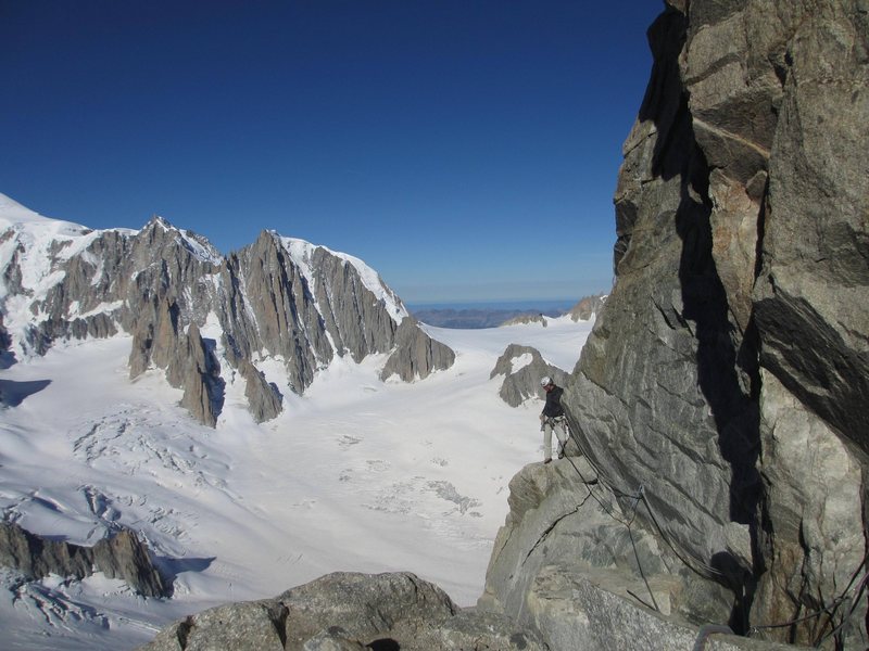 Bruce at the end of the starting traverse on the SW/normal route of the Dent du Géant