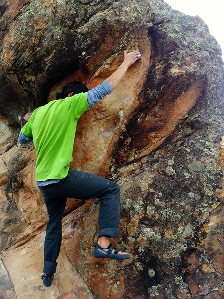 Dakota Woodie on a nice boulder (name?) sitting to the right of the gun range on Hwy 90 about 15 min West of Montrose.